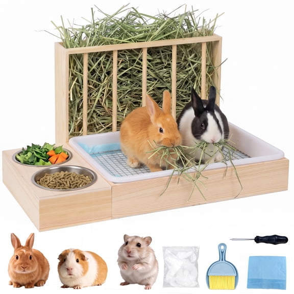 MQAAUP 3 in 1 Rabbit Hay Feeder with Litter Box,Large Wooden Hay Feeder with 2 Bowls for Guinea Pig Chinchilla Bunny Other Small Animals