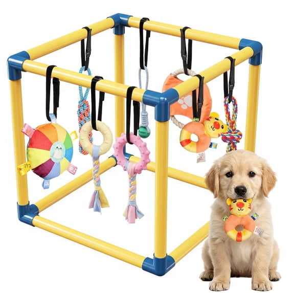 MQAAUP Puppy Play Gym with 8 Hanging Toys, 19.5"x19.5" Adjustable Indoor Dog Jungle Gym for Small Dogs, Training & Anxiety Relief