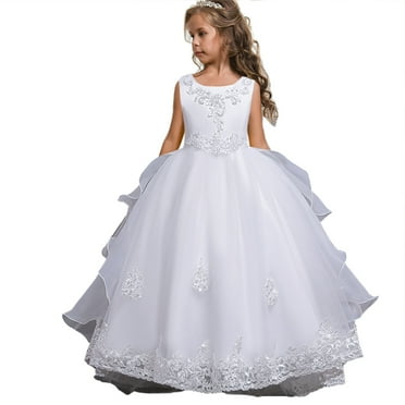 miqiaikids Flower Girls Trailing Princess Dresses Elegant Party Dress White Gown,Sizes 5-14Y