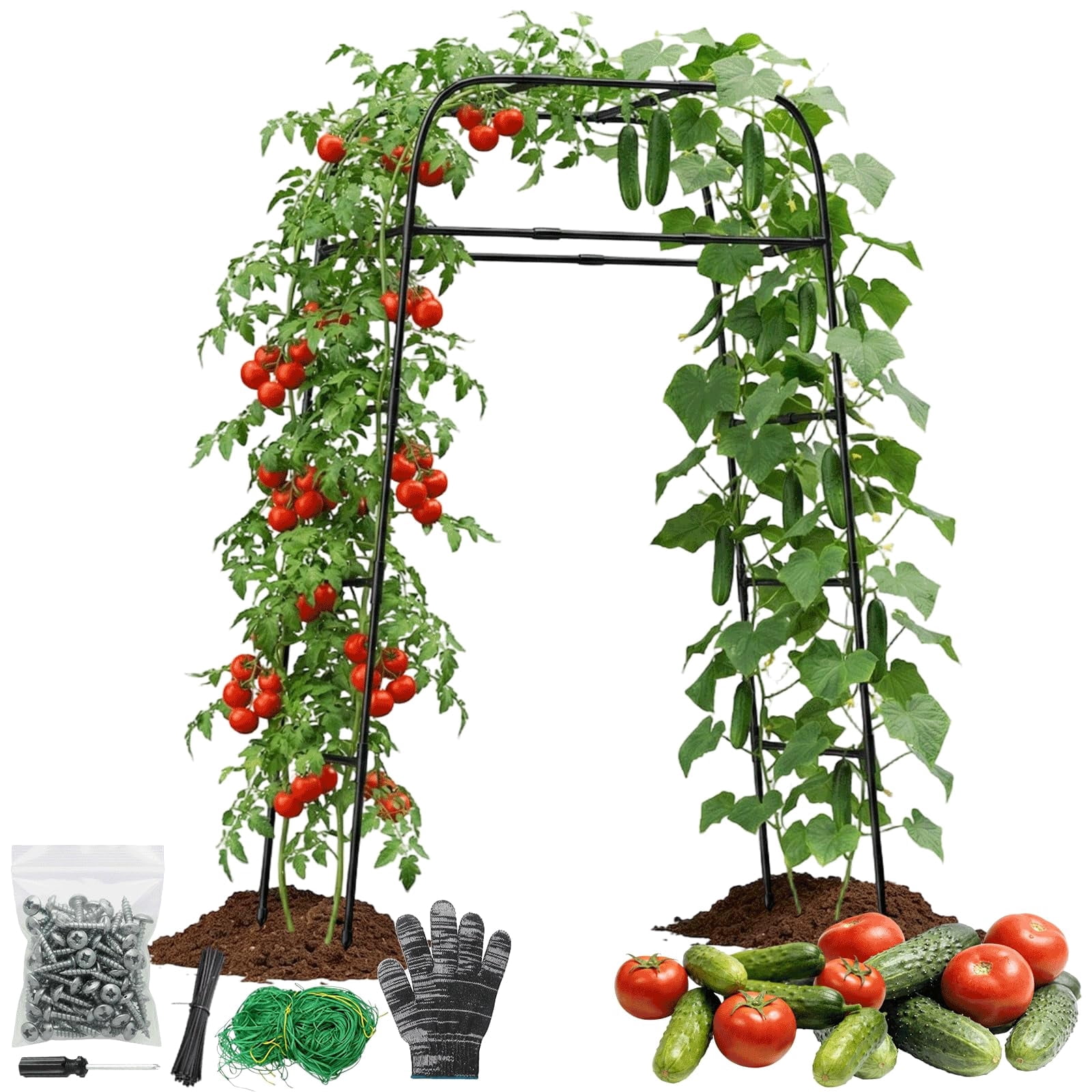 Garden Arch Trellis for Climbing Plants, 83" High Metal Cucumber Trellis & Tomato Cage, Rustproof Steel Tunnel Support for Squash, Pumpkin, Vegetables with Screw Fixation (32.3"L x 39.4"W)