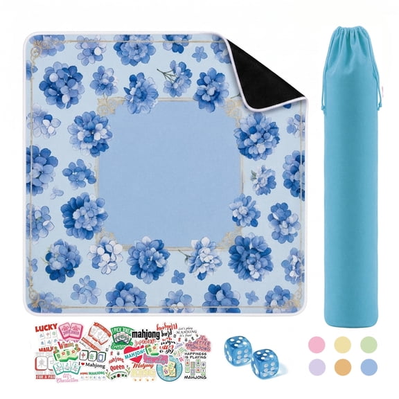 MQHOOB 32×32 Inch Blue Hydrangea Diatomaceous Earth Mahjong Mat, Non-Slip Game Table Cover with Storage Bag, Dice & Stickers