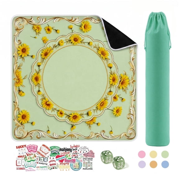 MQHOOB 32×32 Inch Green Sunflower Diatomaceous Earth Mahjong Mat, Non-Slip Game Table Pad with Storage Bag, Dice & Stickers