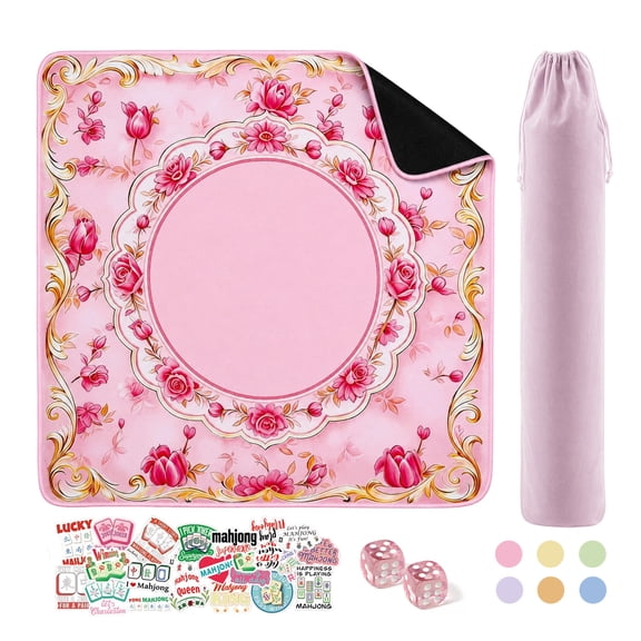 MQHOOB 32×32 Inch Pink Rose Diatomaceous Earth Mahjong Mat, Non-Slip Floral Game Table Cover with Storage Bag, Dice & Stickers