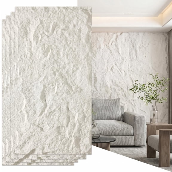 MQHOOB 3D imitation stone wall board, 4 PCS PU wall board for interior wall decoration, 47.2“ x 23.6”Cement texture wall panel.For household and office-White