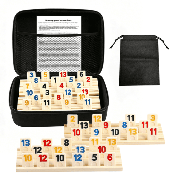 MQHOOB Rummy Cube 4 Player Edition with 4 Wooden Racks, 106 Large Number Tiles & Zippered Travel Case, Classic Board Game for Family and Adults