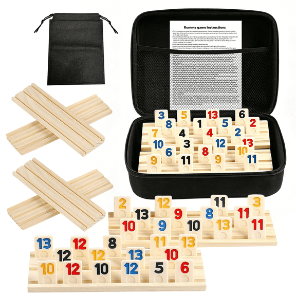 MQHOOB Rummy Cube 8 Player Edition with 8 Wooden Racks, 214 Large Number Tiles & Zippered Travel Case, Classic Board Game for Family and Adults