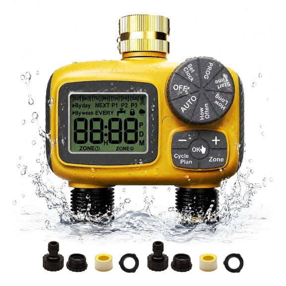 MQHUAYU Sprinkler Timer for Garden Hose with Brass Inlet,2 Zone Programmable Automatic Irrigation Water Timer,Rain Delay/Manual Watering for Yard Lawn Farm Pool