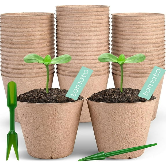 100 Pcs 4” Peat Pots with 100 Pcs Plant Labels, Biodegradable Pots for Seedlings with Drainage Holes, 2 Transplant Tools, MQINGHOS Garden Plant Nursery Pots Seed Starting Trays