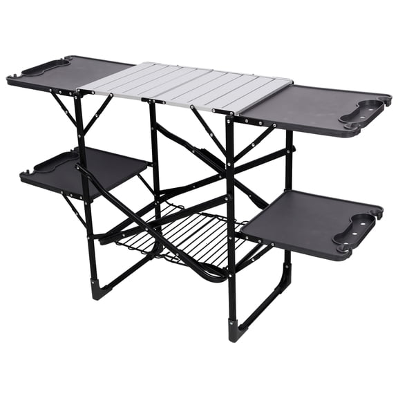 MQINGHOS Outdoor Slim Fold Cook Station | Portable Folding Kitchen Table with a Heat Resistant Tabletop, 4 Side Tables & Storage Rack, Perfect for Picnics & Camping Trips