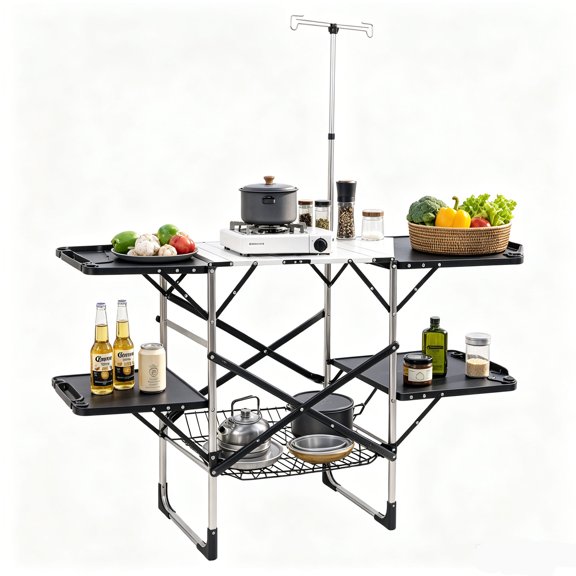 MQINGHOS Outdoor Slim Fold Cook Station | Portable Folding Kitchen Table with a Heat Resistant Tabletop, Telescoping Lanter Pole, 4 Side Tables & Storage Rack, Perfect for Picnics & Camping Trips
