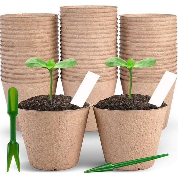 50 Pcs 4” Peat Pots with 50 Pcs Plant Labels, Biodegradable Pots for Seedlings with Drainage Holes, 2 Transplant Tools, MQINGHOS Garden Plant Nursery Pots Seed Starting Trays