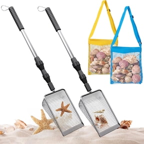MQJIAZHI 2-in-1 Shark Tooth Sifter Set with Mesh Bags - Reinforced Sand Sifter for Beach, Telescoping Handle for Adults - Premium Beach Tool for Shell & Shark Tooth Collection