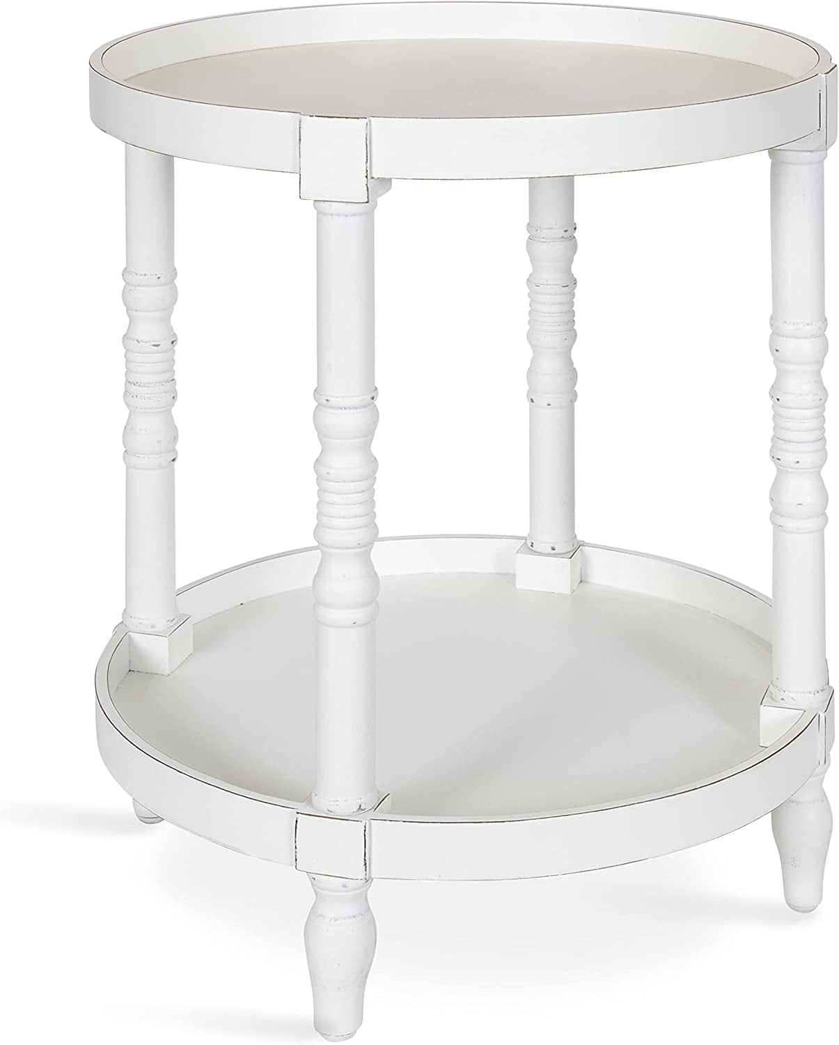 Bellport 22.5" Rustic White Round Wooden Side Table with Shelf