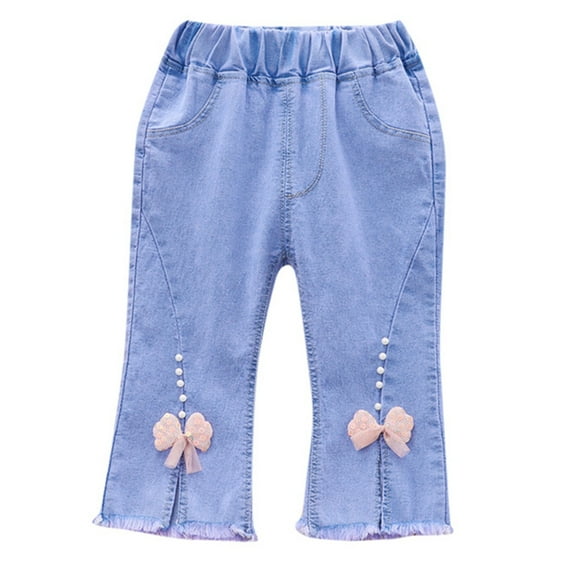MQLKF Baby Girls Capri Denim Pants Toddler Kids Pants Jeans Soft Elastic Waist Denim Pants Soft Casual Girl Trousers