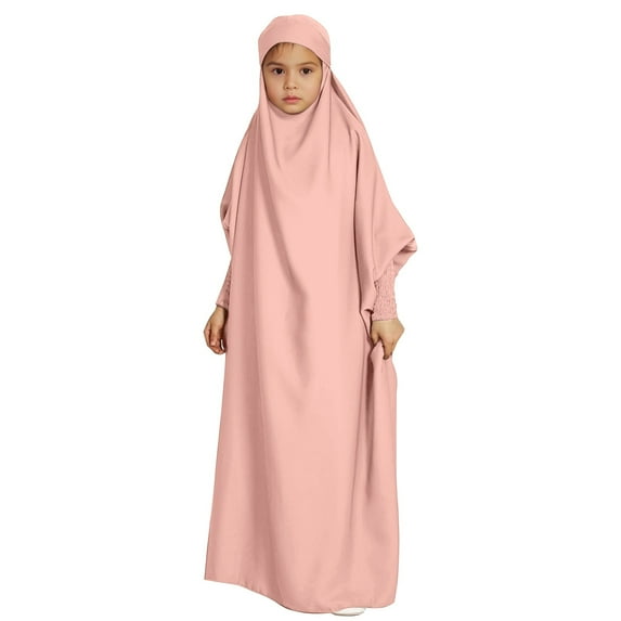 MQLKF Children Fashion Casual Large Swing Solid Color National Middle Hooded Bat Sleeve Dress Leisure Fashionable Baby Outerwear For Ramadan