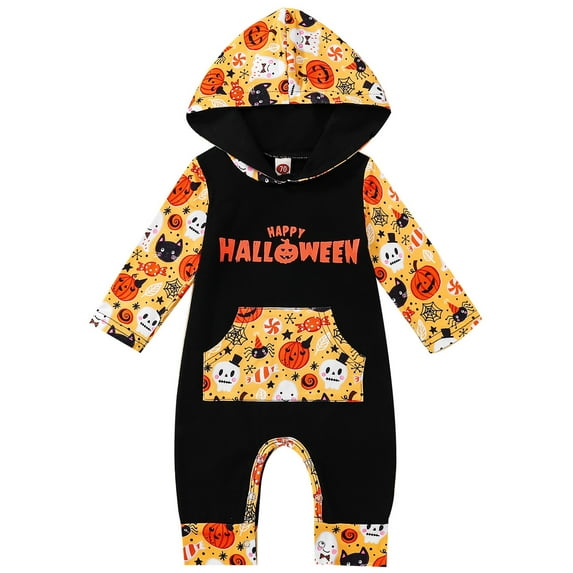 MQLKF Infant Boys Girls Halloween Long Sleeve Winter Pumpkin Print Hooded Newborn Jumpsuit Romper Casual Fashionable Children's Outfits