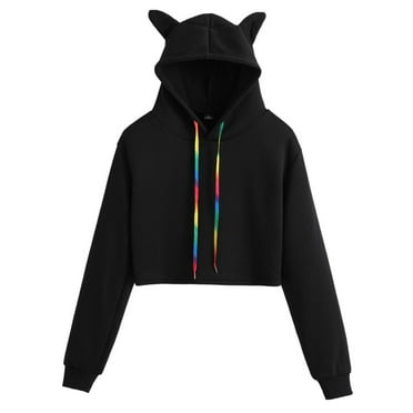 MQLKF Kids Girl's Cute Cat Ear Crop Tops Long Sleeve Casual Plain Hoodie Sweatshirt Shirt Soft Casual Beautiful Girls Tee