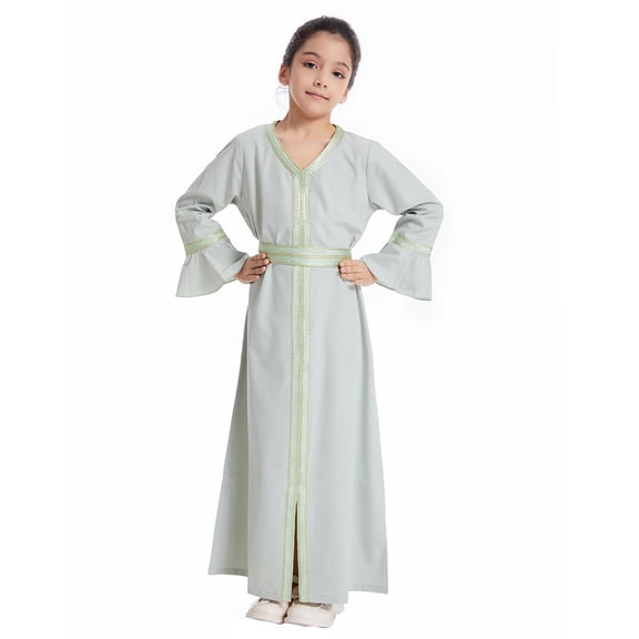 MQLKF Kids Girls Long Sleeve Kaftan Maxi Prayer Clothes Dresses Abaya Leisure Fashionable Baby Outerwear For Ramadan