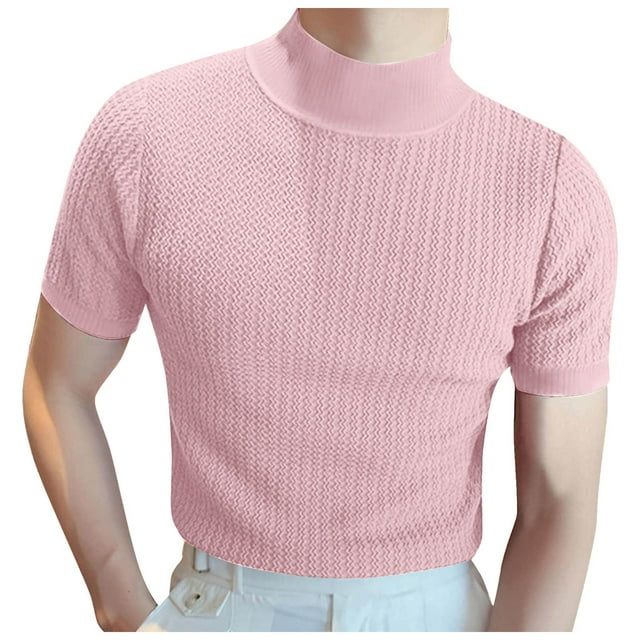 MQLKF Male Spring And Summer Knitted High Neck Short Sleeve Solid Color Pleated Round Neck Casual T Shirt Top Breathable Casual Soft Men's Clothes