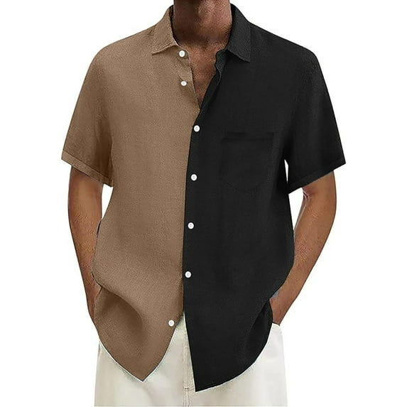 MQLKF Men Short Sleeve Summer Cotton Casual Shirt Solid Color Casual Beach Shirt Light Mens Shirts Shirt Summer Men Linen Shirt Men Brown Fashionable Handsome Breathable Men's Shirt Top