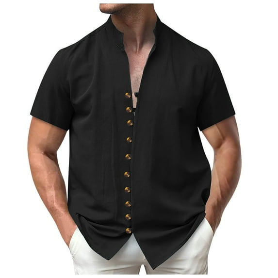 MQLKF Men Solid Color Retro Linen Button Up Cardigan Stand Up Short Sleeved Shirt And Casual Loose Fashion Top Leisure Handsome Breathable Men's Shirt