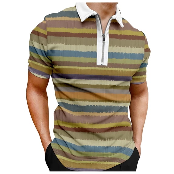 MQLKF Men Spring And Summer Fashion Loose Lapel Zipper 3D Printing Short Sleeve Top T Shirt Shirt Top Stylish Comfortable Breathable Handsome Men's Polo Shirt