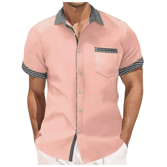 MQLKF Men's Short Sleeve Shirt Summer Casual Patchwork Plaid Hawaii Beach Holiday Shirts Fashionable Handsome Breathable Men's Shirt Top