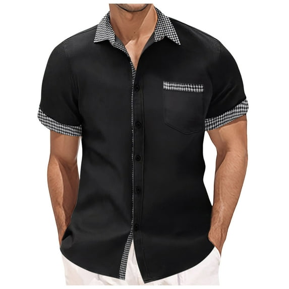 MQLKF Men's Short Sleeve Shirt Summer Casual Patchwork Plaid Hawaii Beach Holiday Shirts Leisure Fashionable Handsome Men's Shirt