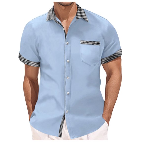MQLKF Men's Short Sleeve Shirt Summer Casual Patchwork Plaid Hawaii Beach Holiday Shirts Leisure Handsome Breathable Men's Shirt