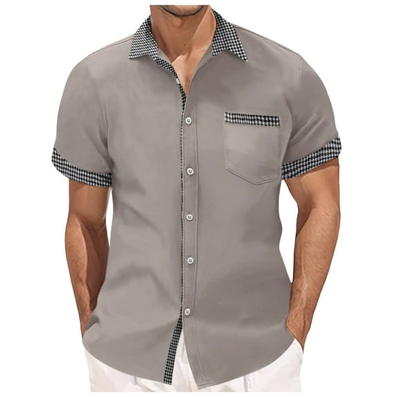 MQLKF Men's Short Sleeve Shirt Summer Casual Patchwork Plaid Hawaii Beach Holiday Shirts Leisure Handsome Breathable Men's Shirt