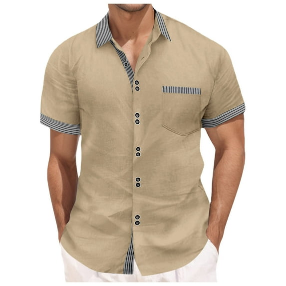 MQLKF Men's Short Sleeve Shirt Summer Casual Patchwork Striped Hawaii Beach Holiday Shirts Fashionable Handsome Breathable Men's Shirt Top