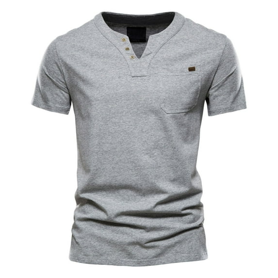 MQLKF Mens Fashion Casual Solid Color Cotton V Neck Pocket Button Short Sleeve T Shirt Top Fashionable Men's Top