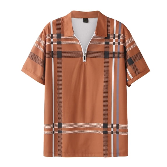 MQLKF Mens Printed Checked Striped Shirt Zipper Sport Shirt Short Sleeve Top Stylish Comfortable Breathable Handsome Men's Polo Shirt
