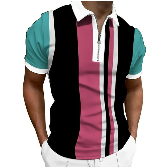 MQLKF Mens Spring And Summer Fashion Lapel Zipper Short Sleeve Printed T Shirt Shirt Top Breathable Comfortable Handsome Men's Polo Shirt