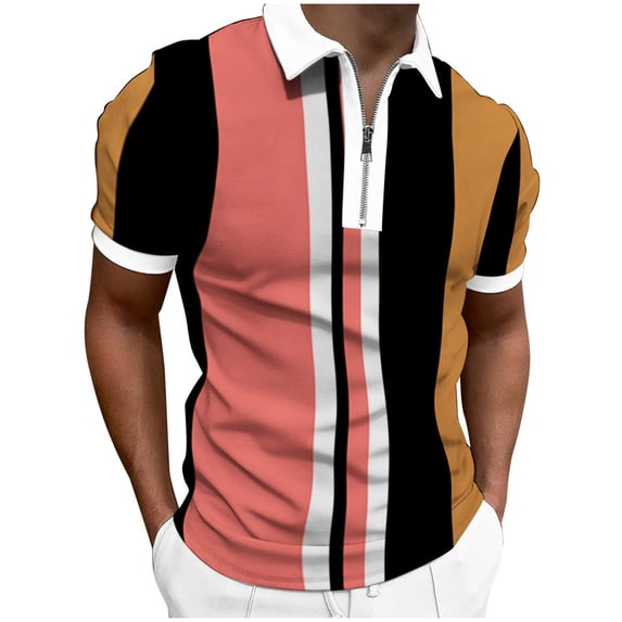 MQLKF Mens Spring And Summer Fashion Lapel Zipper Short Sleeve Printed T Shirt Shirt Top Breathable Comfortable Handsome Men's Polo Shirt