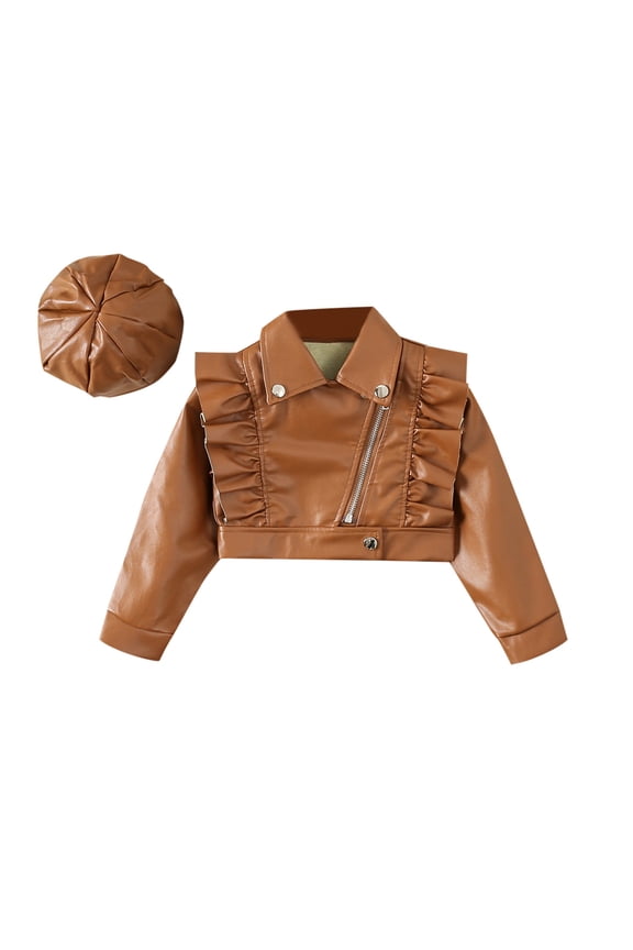 Toddler Girls Faux Leather Motorcycle Jacket Cute Ruffle Spring Fall PU Coat And Hat 2 To 7 Years Casual Beautiful Comfortable Girls Tee