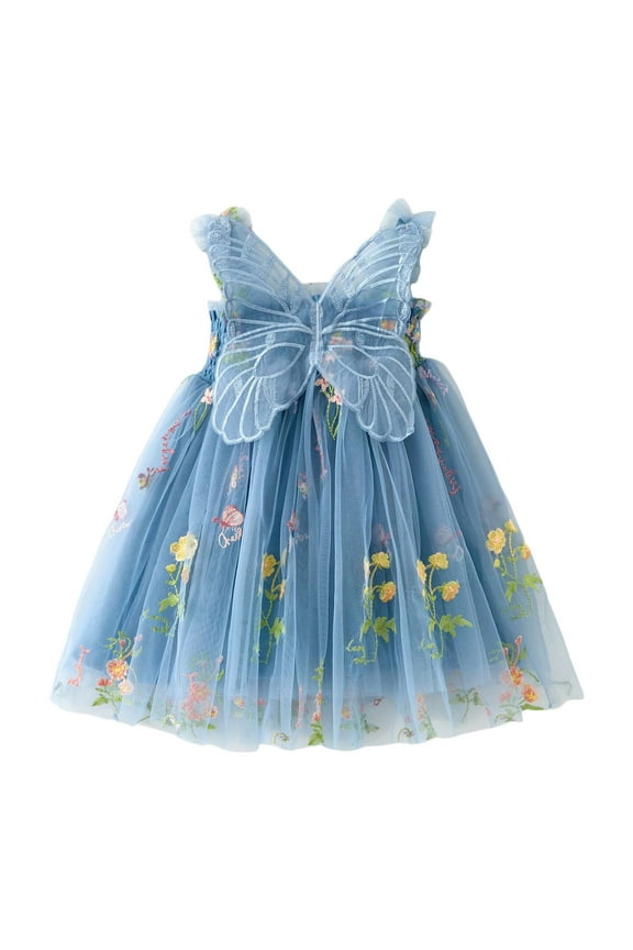 Toddler Girls Sleeveless Butterfly With Wing Embroider Princess Dress Dance Party Floral Tulle Dresses Clothes Beautiful Breathable Cute Girl Dress
