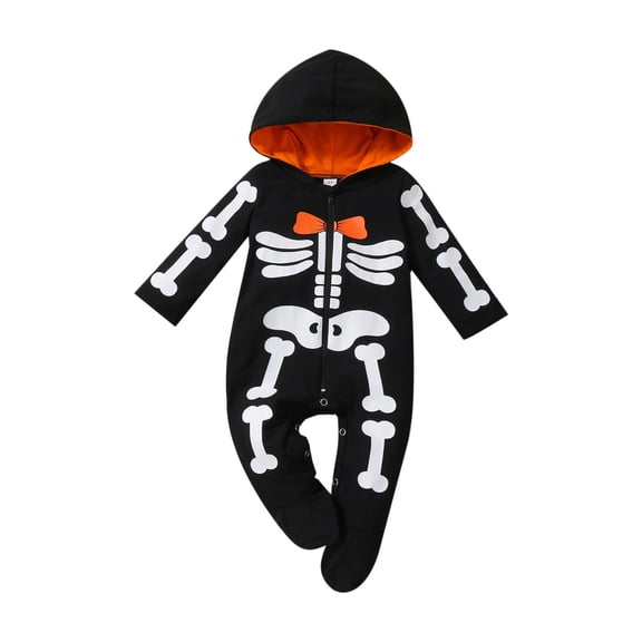 MQLKF Toddler Kids Girls Boys Halloween Bone Prints Hooded Romper Jumpsuit Cloths Casual Fashionable Children's Outfits