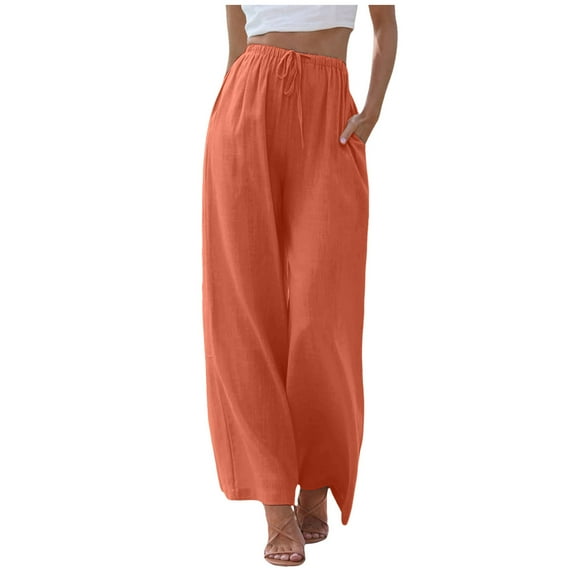 MQLKF Women High Waisted Wide Leg Pants Fashion Drawstring Elastic Trousers Comfy Straight Leg Long Pants With Pockets Lightweight Casual Women's Trousers