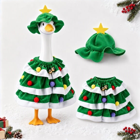 MQOALA 2Pcs Christmas Tree Porch Goose Outfits, 23" High Warm Lawn Goose Statue Xmas Tree Costume,Green Christmas Garden Goose Clothes Dress and Hat for Holiday Patio Yard Decor