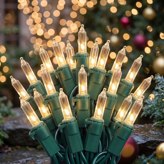 MQOALA Christmas Lights, 100 LED Battery Powered 33FT Warm White Mini Bulbs, 8 Modes, Indoor Outdoor Patio Party Holiday Decor, Green Wire