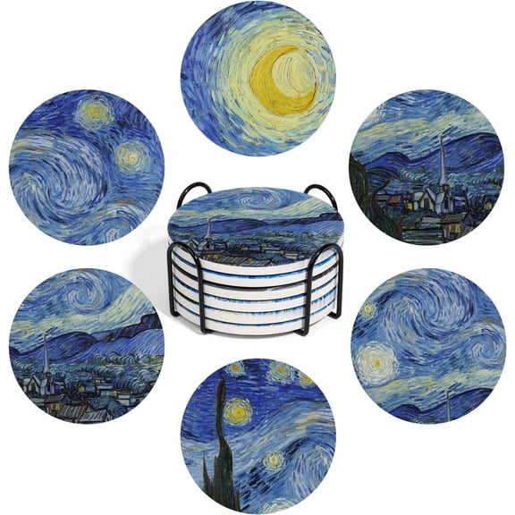 MQOUO Drink Coasters with Holder, Coasters for Drinks-Set of 6, Van Gogh Paintings Art Ceramic Coasters for Coffee Table Gifts Home Decor, Blue, 4 Inches