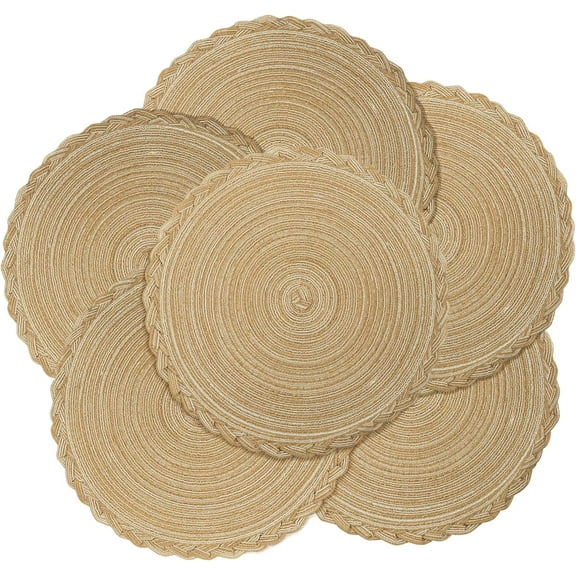 MQOUO Round Placemats Set of 6 Heat Resistant Braided Placemats for Kitchen Table 15'' Khaki Round Washable Table Mats