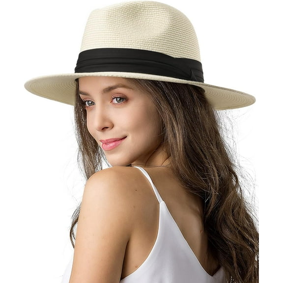 MQOUO Womens Mens Wide Brim Straw Panama Hat Fedora Summer Beach Sun Hats UPF Straw Hat for Women