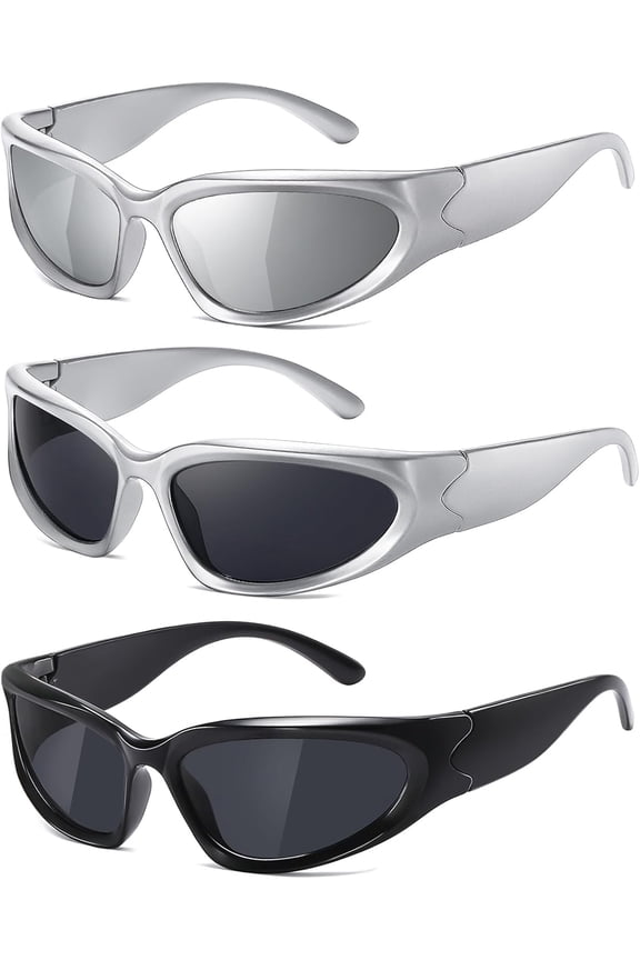 Y2K Wrap Around Sunglasses for Women Men Sliver Oval Fashion Trendy Sport Shades UV400 Eyeglasses