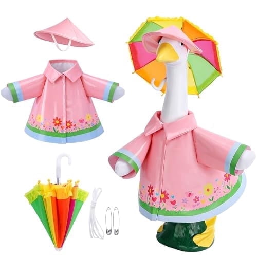 MQOALA Raincoat Porch Goose Outfits, 3 Pcs Set Spring Summer Lawn Goose Statue Raincoat Clothes, Yard Gooses Costume Raincoats Umbrella Hat Outfit for 23" Statue Patio Garden Decoration