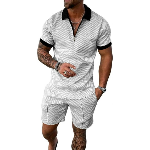 MQUN Summer men short sets outfits 2 Piece Short Sleeve Polo Shirt Shorts Set men short sets outfits Casual Sport Suit
