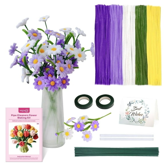 MQUPIN 300 Piece Pipe Cleaner Flower Set With Instruction, Chenille Wire Pipe Cleaner Flower Set, Craft And Decorate Dust Sheet For Flower Bouquet Diy Decorations Macaron Color