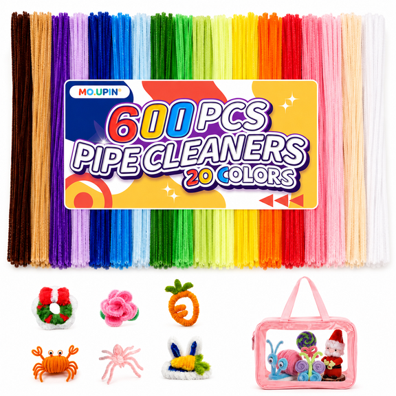 MQUPIN 600 Pcs Pipe Cleaners attached Pink PVC Bag,9mm x 12inch 30 Colors Pipe Cleaners for crafts, Craft Supplies Multicolor Chenille Stems for Art&Craft DIY Decorations