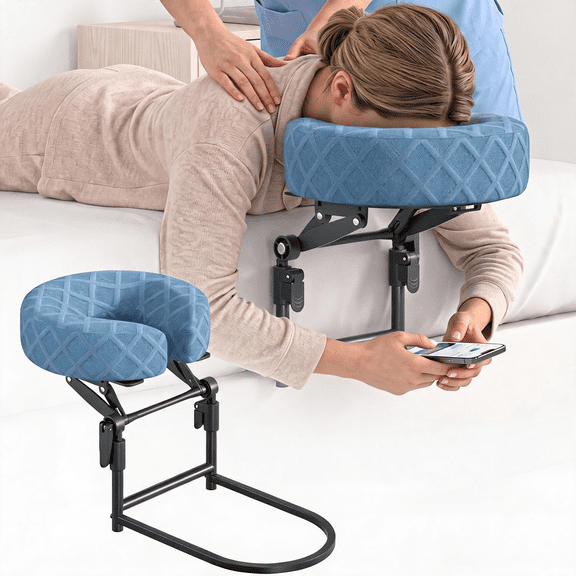 MQUPIN Adjustable Haze Blue Bed Massage Headrest, Portable Face Down Cradle Pillow, Home Mattress Face Rest Support for Relaxation & Rest(with Replaceable Gray Fabric Pillow Covers)